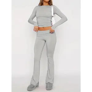 Two-Piece Set Women's Plain PantsSet, Casual Long Sleeve Crop Tee &Fold Over Waist Flare Leg Trousers SetOutfit Sets for Women, Back To SchoolOutfits,Ladies autumn Two-pieceOutfits for Daily Outdoor Wear