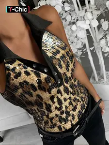 Women's Leopard Print Sequin Decor Fitted Tank Top, Fashion Casual Sleeveless Collared Top for Daily Outdoor Wear, Women Clothing for Spring Fall, Womenswear