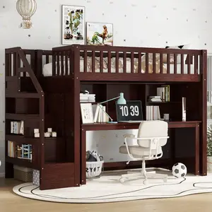 [Bellemave]Twin/Full Size loft bed with movable desk and storage shelf, featuring storage stairs,Espresso