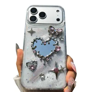 Handmade Phone Case Mirror Bow Starburst Rhinestone Decoration Sparkling Protective Cover for iPhone 17 16 15 14 13 12 11 Pro Max