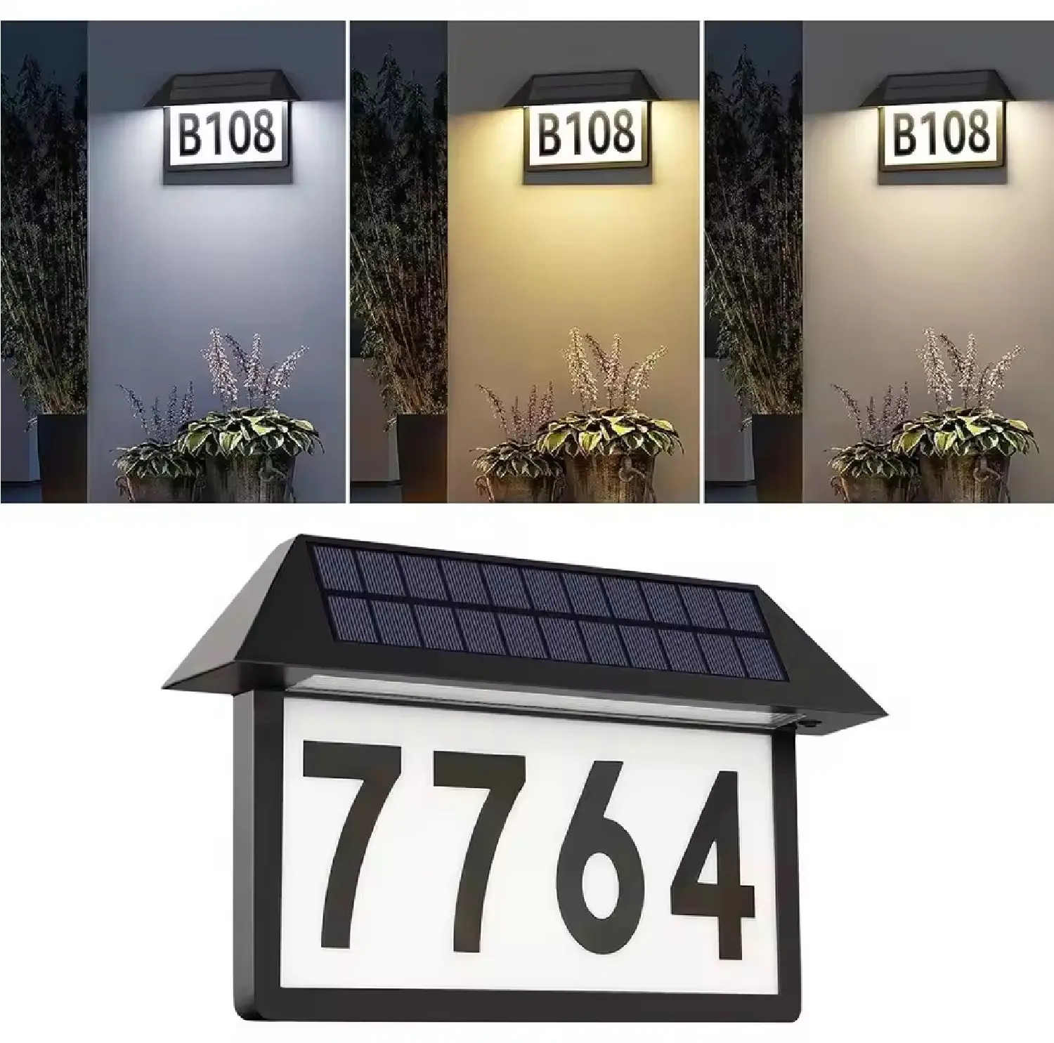 Solar Wall Light Address Sign House Numbers Light Waterproof 60LEDs Solar Light Outdoor 3 Color Temperature, High Brightness Address Numbers 300LM, Wall Mounted Address Plaque for Home Yard Street