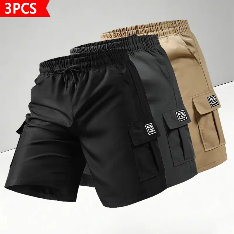 Men’s Cargo Shorts 3-Pack – Fashionable streetwear featuring a double large pocket design, a loose fit suitable for various occasions—ideal for outdoor exercise and everyday wear; quick-drying, lightweight men’s cargo shorts., Menswear, Stylish, Black + G