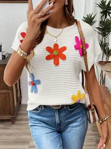 SHEER US 2026 New  Outfits Women's Color Block Flower Short Sleeve Sweater Plullover Knit Tops Floral Knitwear women Style