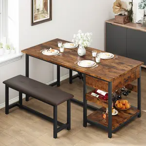 Home Dining Table, Kitchen Dining Table Set with Upholstered Benches, Kitchen Dining Room Table with Storage Drawers & Wine Rack for Small Space