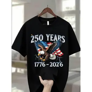 Men's Eagle Pattern Round Neck T-Shirt Featuring 250 Years United States Flag Design Perfect for Thanksgiving Christmas Summer and Casual Wear
