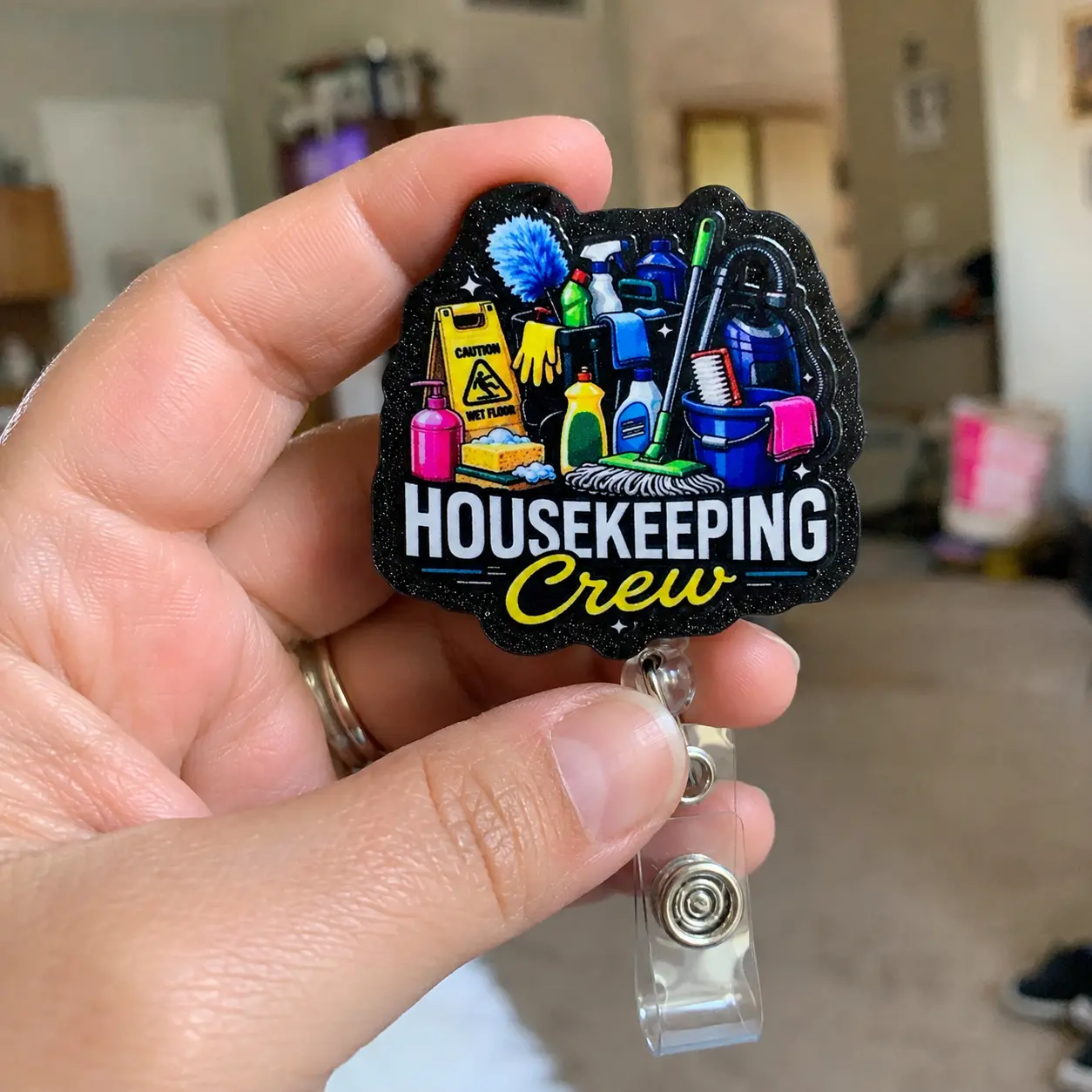 Housekeeping Crew Badge Reel, EVS Environmental Services Glitter Acrylic Badge Holder, Retractable Clip Hospital Hotel Staff