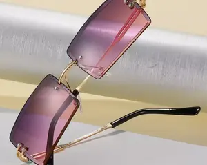 Women Rimless Vintage Retro Rectangle Gold Clear Lens Fashion Hip Hop Glasses with Diamond Cutting-Edge Design & UV400 Protection