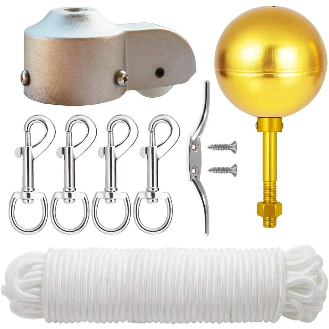 Flag Pole Hardware Parts Repair Kits - 3" Topper Gold Ball + 50 Ft Halyard Rope + 6" Cleat Hook + 4 Flag Swivel Snap Hooks + Flagpole Pulley Truck for 2" OD Tube