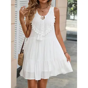 Women'S Vacation Style Loose Multi-Layer Lace Patchwork Dress with Tassels And No Sleeves