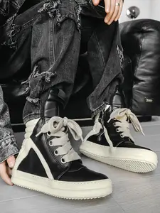 2-Color American High-Street Thick-Sole High-Top Athletic Shoes, Sneaker (39-44 Sizing) - Patchwork Texture Upper + Light Elastic Thick Sole + Side Zipper Design, For Trendy Street Style & Casual Outfits, Comfortable, Easy To Put On