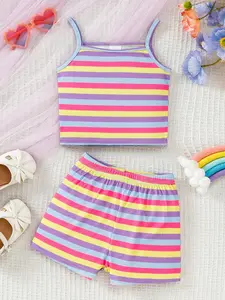 Girls Rainbow Striped Halter Shorts Set, Breathable Mesh Fabric, Color Block Stripe Design, Thin Shoulder Straps, Wave Hem, 1-3 Years, Summer Gift Set