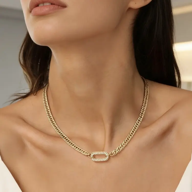 Cleo Choker-Choker Cuban Link Chain Necklace with Zircon Clasp for Men Women,Trendy Cuban Necklace for Women Gift,Elegant Gold Chain Necklace， Rhinestone Pendant