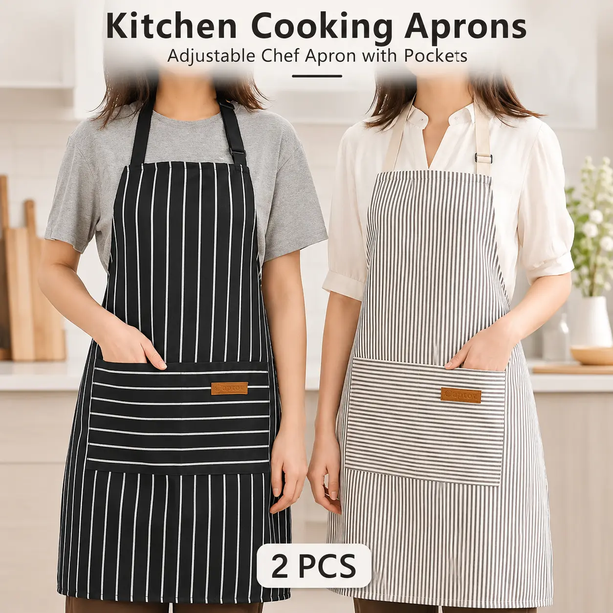 Kitchen Cooking Aprons for Women and Men Adjustable Chef Apron with Pockets 2 PCs Buckle Strap Comfortable