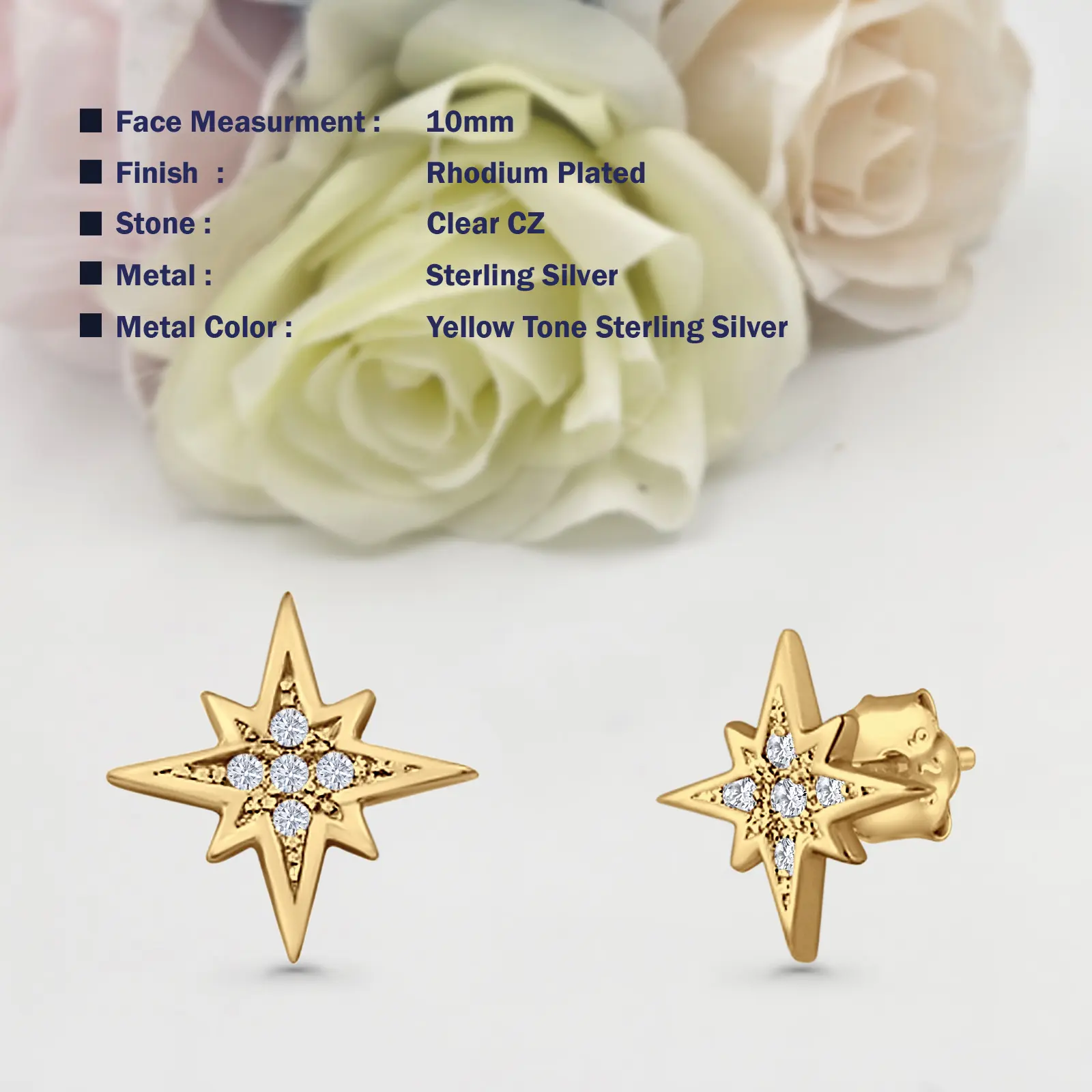 10mm Star Stud Earring Cluster Cubic Zirconia 925 Sterling Silver Women Round Earring