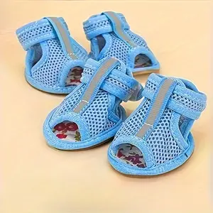 4PCs Breathable Non-Slip Dog Sandals - Small Breed Polyester Pet Shoes with Durable Cowhide Sole and Adjustable Hook and Loop Tape for Secure Fit
