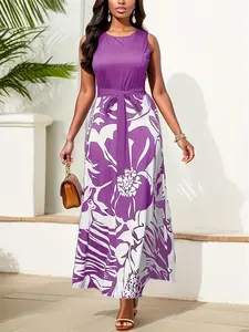 Women's Floral Patchwork Print Tie Front A Line Dress, Casual Sleeveless Round Neck Maxi Dress for Summer, Ladies Clothes for Daily Wear