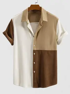 ZAFUL Men's Colorblock Corduroy Shirt ,Regular Fit Short-Sleeve Button Down, Retro Old Money Aesthetic, Casual Summer Top for Daily Wear,Vintage Quiet Luxury Shirt Fabric Breathable Shortsleeve