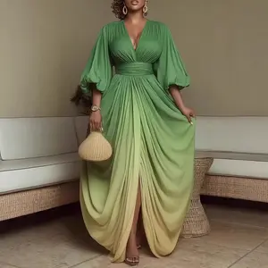 2026 Spring Summer New Women V neck Dress Fashion Elegant Printed Pleated Loose Slimming Flared Mini Dress for Party Daily Wear