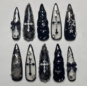 Gothic Cross Press On Nails, Black and White 3D Nail Art with Bows and Stars, Dark Elegant Handmade Nail Set