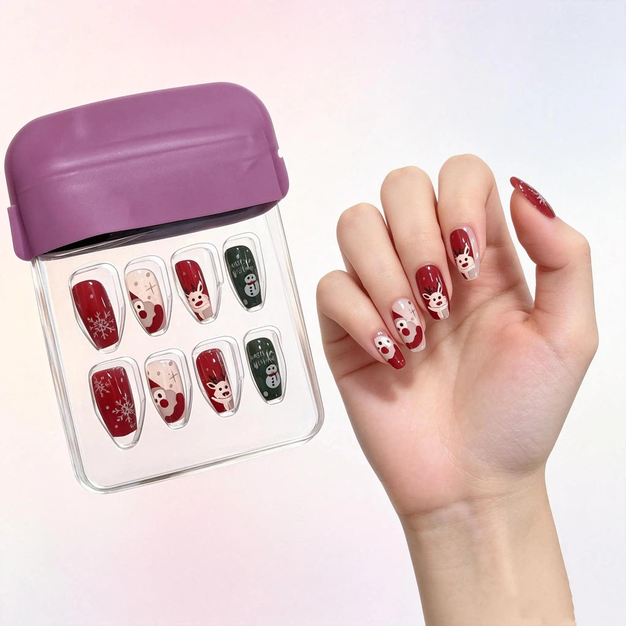 Limited-Edition Christmas Press-On Nails Party Kit, 24-Piece Full-Size Reusable Waterproof Set, Hand-Painted Novelty Print Santa & Reindeer Art, Easy Apply & Remove, Party Wear (Beauty & Personal Care, Nail Care Accessory), Holiday, Easy To Remove, Candy