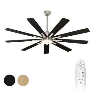 Ceiling Fan with lights and remote contorl,62-Inch,3 Color Dimmable LED Light,Reversible Silent DC Motor,multi-functional,6 Speeds,Timer,9 Wooden Blades,Black, Bedroom, Living Room,Decor