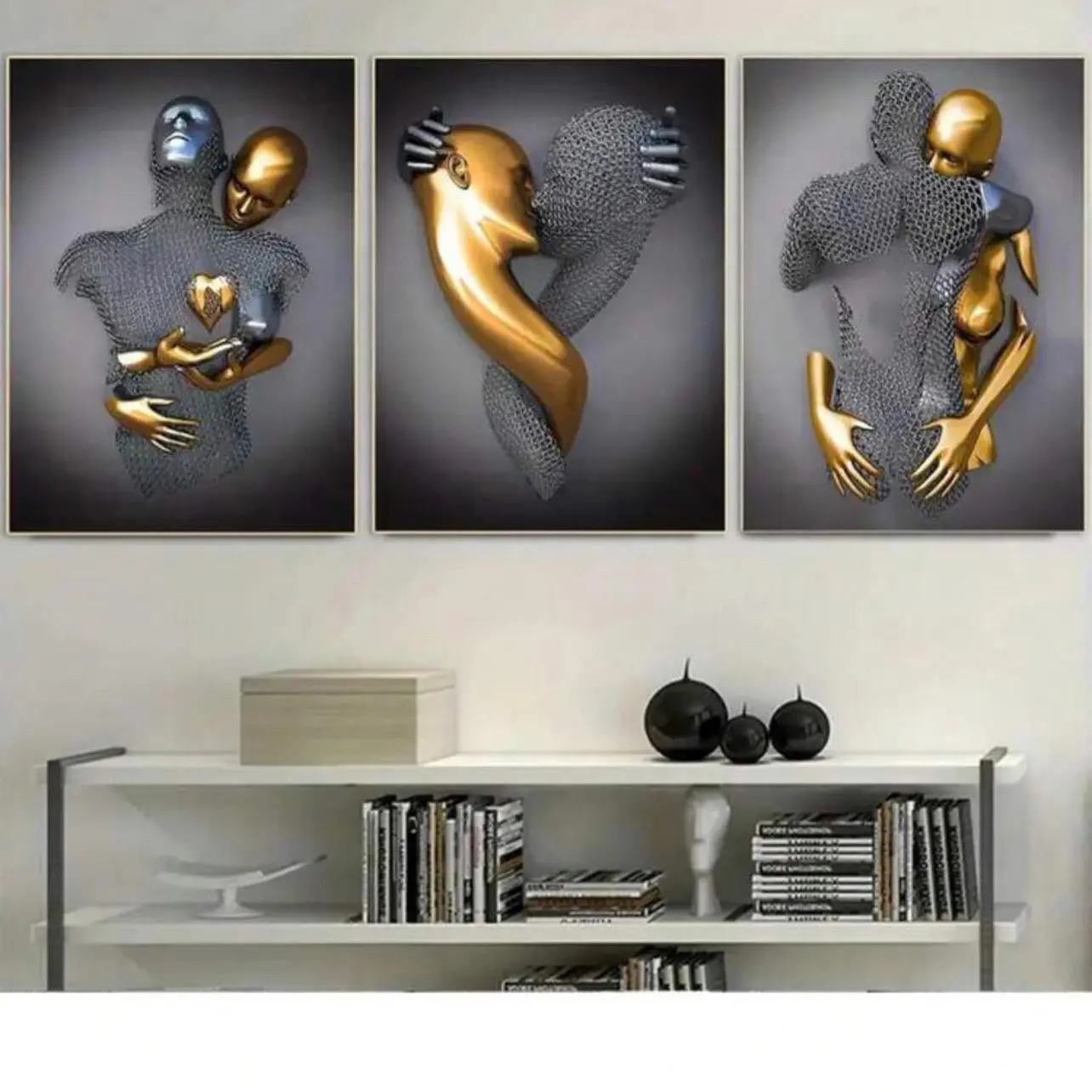 3 Pcs Modern Metal Figure Statue Wall Art Grey Posters Romantic Canvas Painting Print Pictures Living Room Home Decoration30x40cm