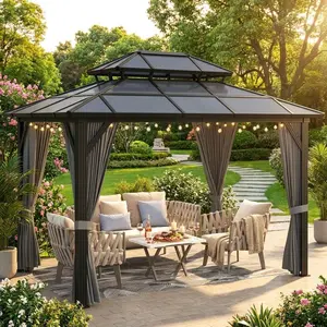 Garvee 10'x12' Hardtop Gazebo, Outdoor Polycarbonate Double Roof Canopy, Aluminum Frame Permanent Pavilion with Curtains and Netting, Sunshade for Garden, Patio, Lawns (Gray)