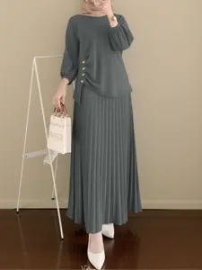 Two-piece Set Women's Solid Color Top & Pleated Skirt, Casual 3/4 Sleeve Round Neck Top & Skirt for Daily Wear, Ladies Clothes for All Seasons, Fashion Style Sets