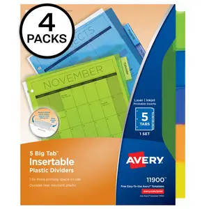 Big Tab Insertable Plastic Dividers, 5 Multicolor Tab, 4 Sets (11900)