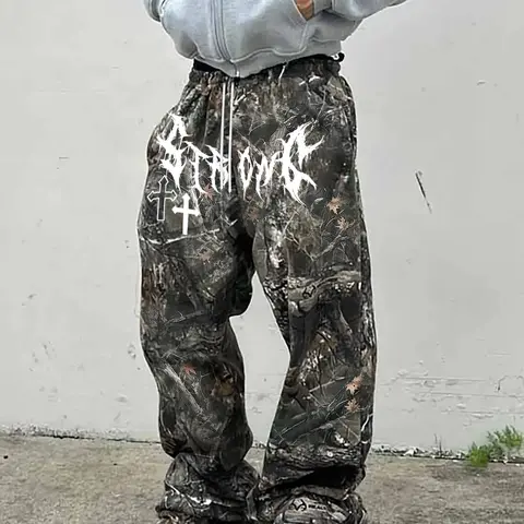 Men's Tree Branch Camouflage & Camouflage Knit Loose-Fit Baggy Oversized Pocket Pants, Casual Comfy Baggy, Y2K Style Summer Streetwear, Retro Hip Hop Fashion, Casual Trousers, Menswear