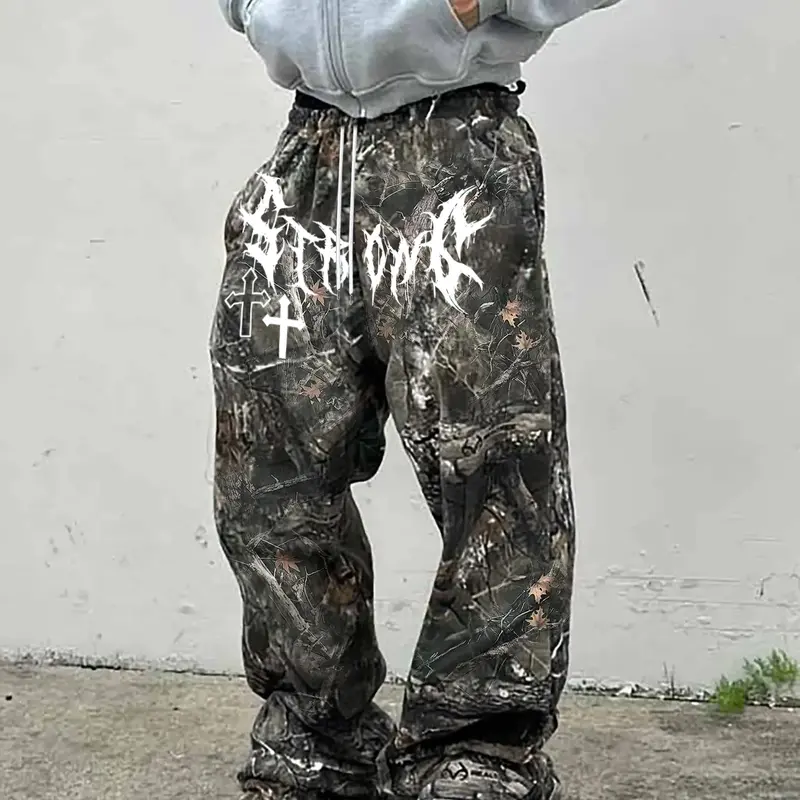 Men's Tree Branch Camouflage & Camouflage Knit Loose-Fit Baggy Oversized Pocket Pants, Casual Comfy Baggy, Y2K Style Summer Streetwear, Retro Hip Hop Fashion, Casual Trousers, Menswear
