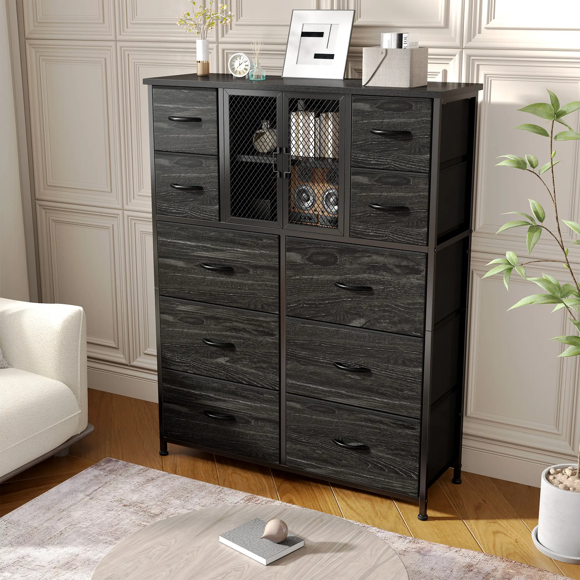 【LaborDaySale】Raybee 10 Drawer Dresser for Bedroom,Fabric Tall Dresser & Chests of Drawers with Metal Mesh Door,Organizer,drawerstorage in Cabinet,hom