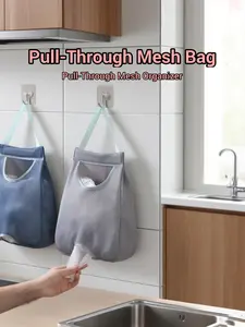 TikTok-Viral Pull-Through Mesh Storage Bag Grey Drawstring Organizer for Plastic Bags Tissues & Trash Liners with Bottom Hole for Easy Access