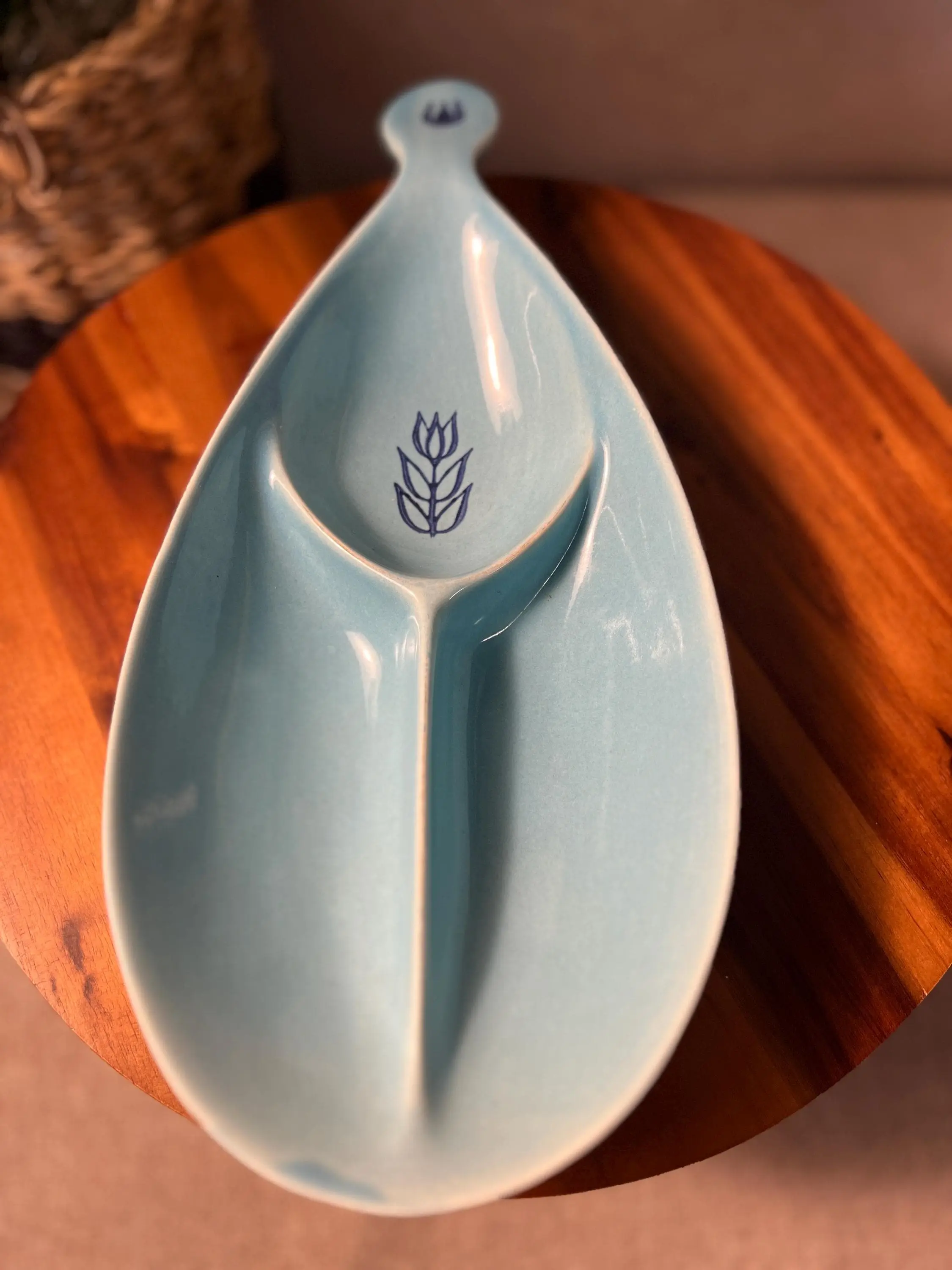 MCM Vintage 1950s Cronin Blue Teardrop Form Divided Dish with Tulip Motif - Kitchenware Plates & Tableware