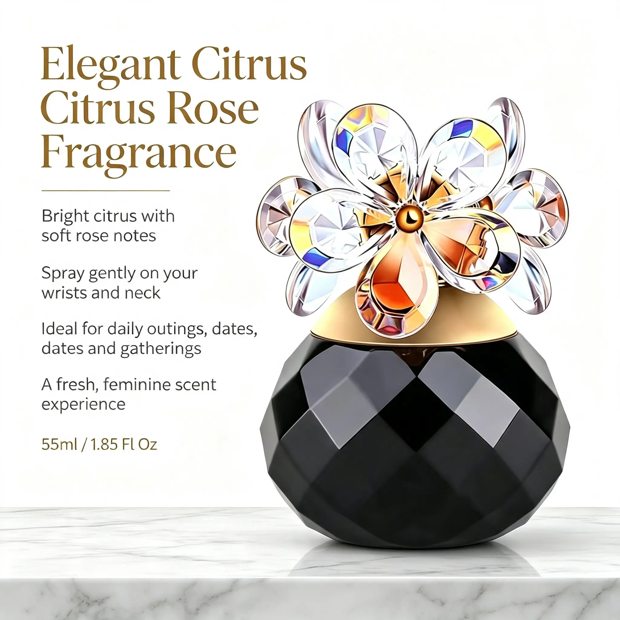 Gift Ready Citrus Rose Perfume for Women, Decorative Crystal Floral Top Black Bottle Fragrance, Fresh Feminine Scent for Date Daily Outings, 55ml
