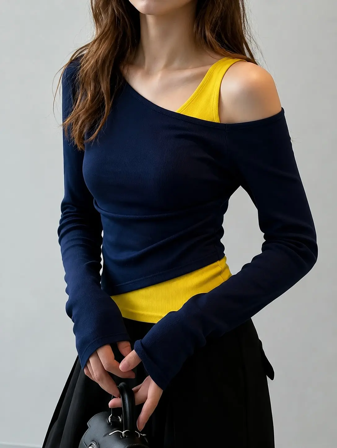 Women's Faux 2-Piece Off-Shoulder Long-Sleeve Colorblock Blouse, Casual Fitted Stretch Top for Everyday Wear, Chic Womenswear [2345] flowy boho clothes women spring