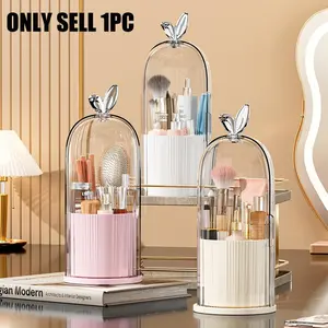 Makeup Brush Storage Box, 1 Count 360 Degree Rotatable Dustproof Makeup Brush Holder with Lid, Cosmetic Organizer, Beauty Organizer for Bedroom Bathroom Salon Hotel
