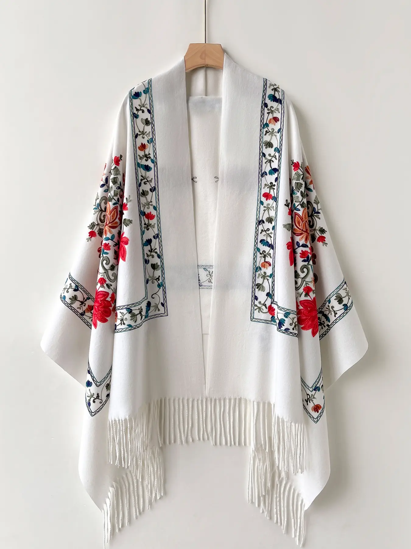 Women's Winter Warm Wool Embroidered Scarf, Floral Print Long Fringe Shawl, Casual Boho Fashion Head Wrap for Fall & Winter