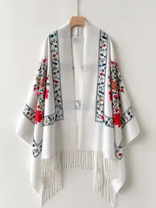Women's Winter Warm Wool Embroidered Scarf, Floral Print Long Fringe Shawl, Casual Boho Fashion Head Wrap for Fall & Winter