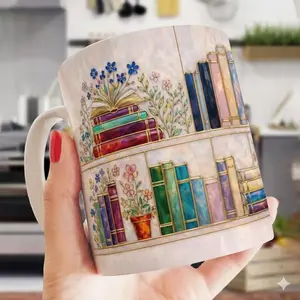FAUX Stained-Glass Style Floral Bookshelf Mug, Book Lover Gift, Bookish Mug, Book Printed Coffee Cup Ceramic Mug, (11oz, 15oz)