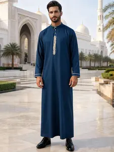 Arabian Islamic Traditional Men's Clothing, Blue Long Robe with Gold Embroidered Collar, Casual Loose Fit for All Seasons, Authentic Saudi Thobe