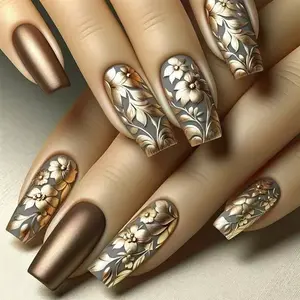 24pcs Vintage Metal Style Floral Nail Art, Embossed Design, Medium Length Ballerina Nails, Perfect for Weddings and Parties
