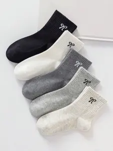 5 Pairs Kids Socks, Solid Color Bow Pattern Girls' All-Season Cute Casual Simple Daily Wear Mid-Calf Socks, Comfortable and Stylish