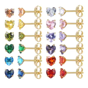 12 Pairs 18K Golden Plated Surgical Stainless Steel Stud Earring, Heart Cubic Zirconia Birthstone Stud Earrings Set