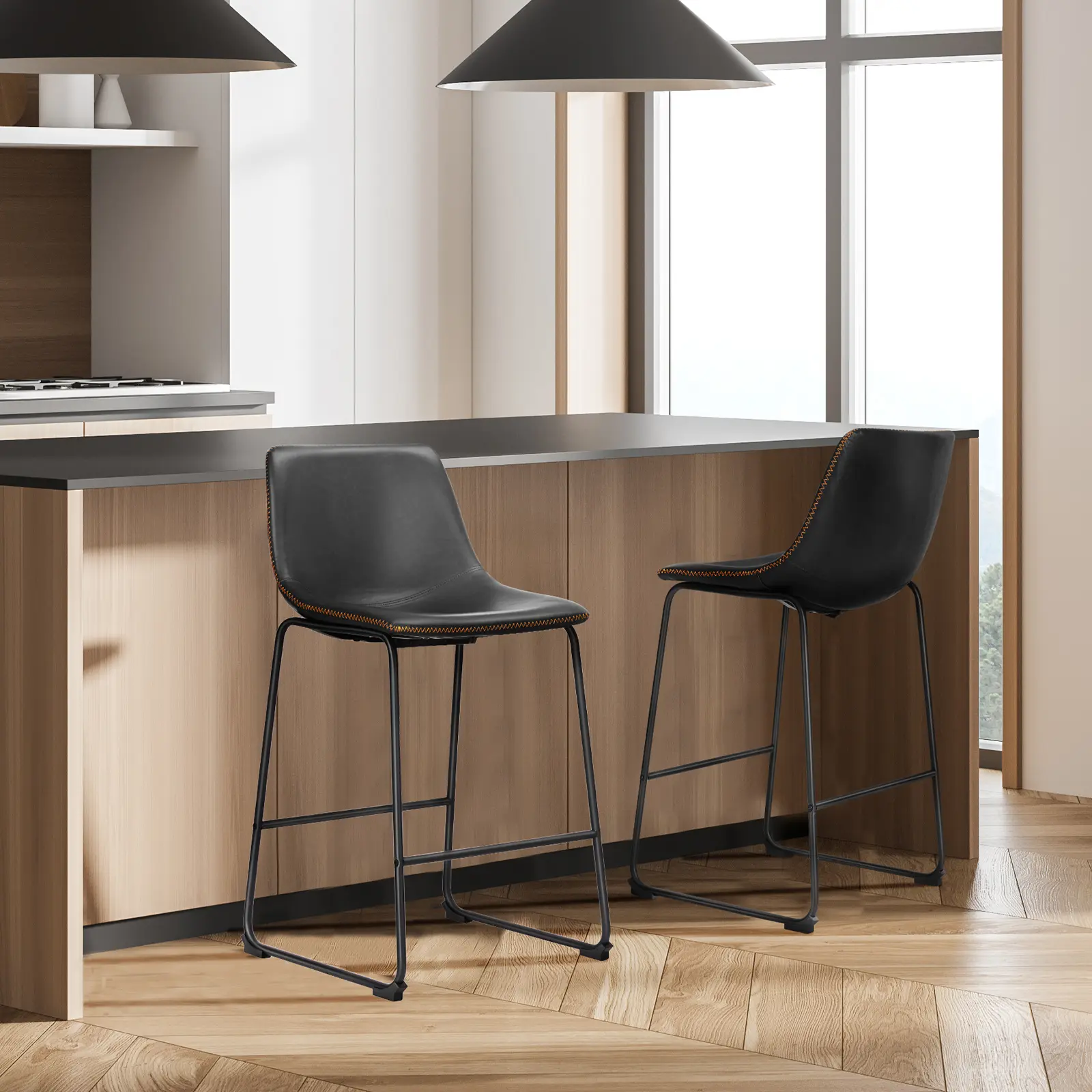 2 Pack Industrial Style Armless PU Leather Bar Stools with Fixed Back, Metal Legs, Footrest - Durable Indoor Furniture, Assembly Required for Home Office, Kitchen Island