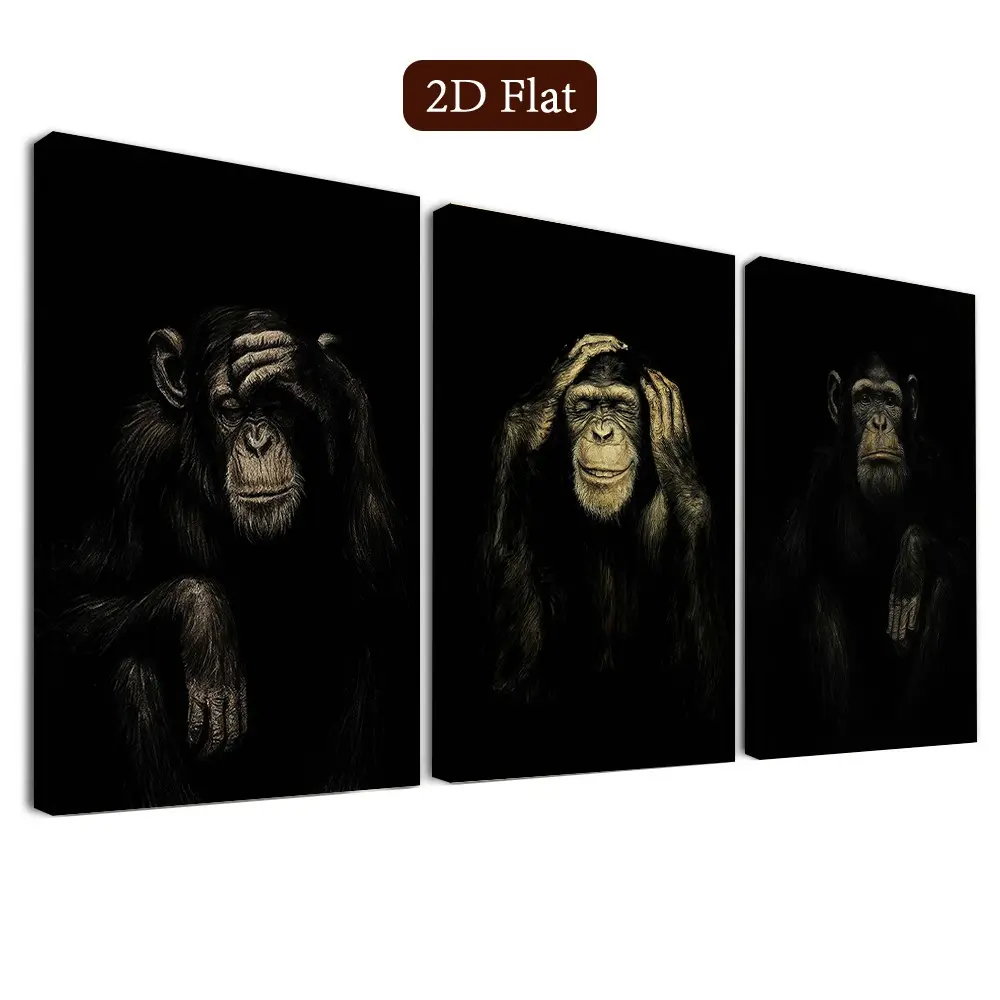 3 Piece Framed Mystery Monkey Wall Decor, Wisdom Symbol Art Poster, Canvas Prints, Zen Theme, Home & Dorm Decoration, Classroom, Living Room, Bedroom, Bathroom