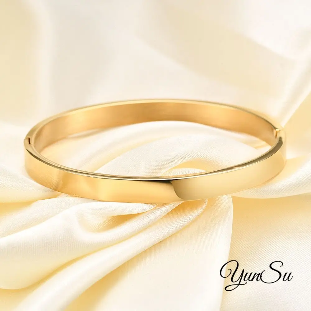 YunSu New Stainless Steel 18k Gold Plated waterproof Smooth Surface 6MM Width Bracelet for Women jewelry Classic Barcelets Gold Braclets