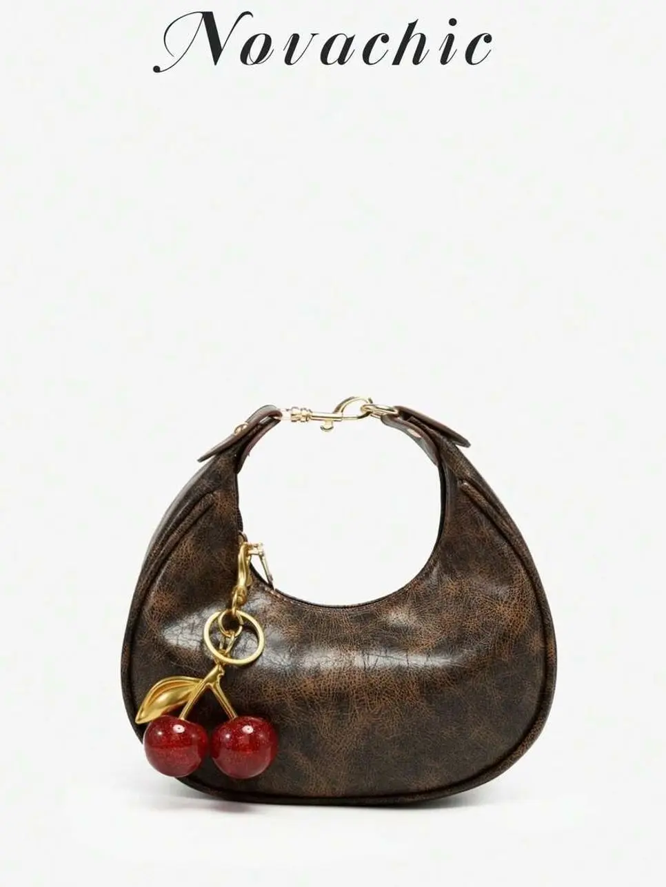 Women’s Vintage Cherry Charm Hobo Bag, Distressed Brown Crescent Mini Purse with Gold-Tone Hardware, Y2K Going Out Handbag