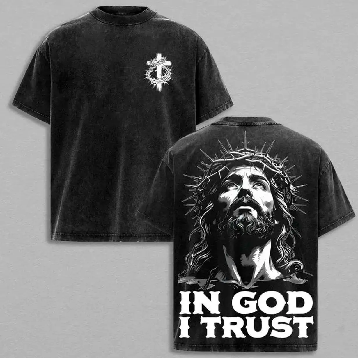 valentine shirts "IN GOD I TRUST" Jesus Crown of Thorns God Apparel Tee Washed, Easter T-Shirt, Jesus T-Shirt, Easter Streetwear, Christian Apparel Graphic Tees, Gym Pump Cover ,  Church Outfit Round Neck Distressed TSX