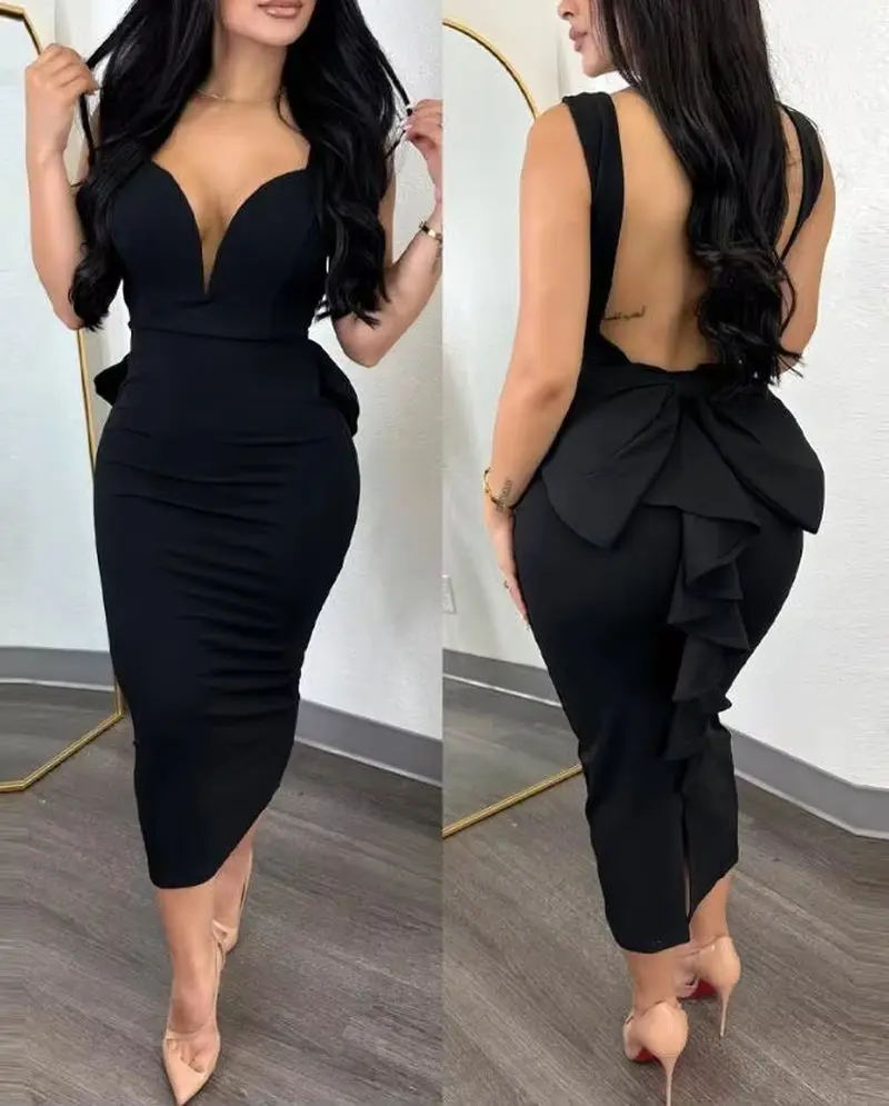 lace frill hem sleeveless plunge dress - TikTok Shop